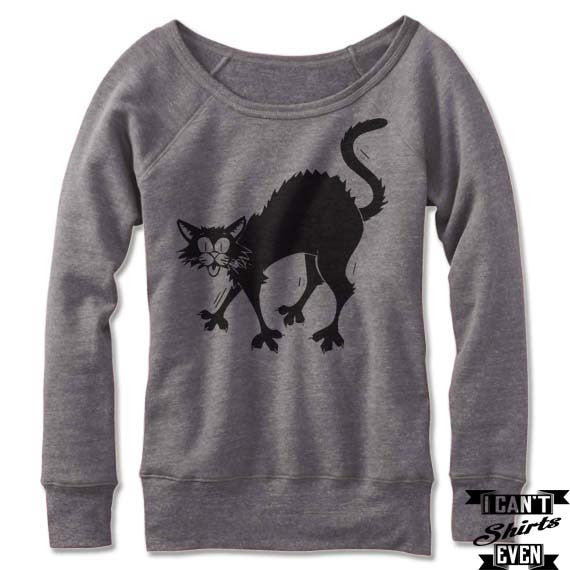 Off The Shoulder "Black Cat" Halloween Wide Neck Halloween Sweatshirt Costume.