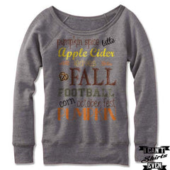 Fall Typography Art Off The Shoulder Sweatshirt. Pumpkin. Football. October Fest. Latte.