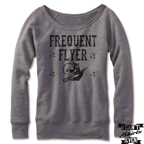 Witch Frequent Flyer Off The Shoulder Halloween Sweatshirt Costume. Wide Neck