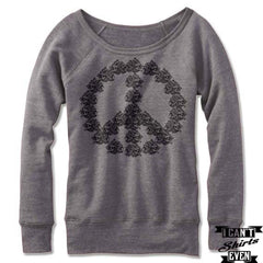 Off the Shoulder Peace Sweatshirt. Halloween Wide Neck. Skeleton Peace.