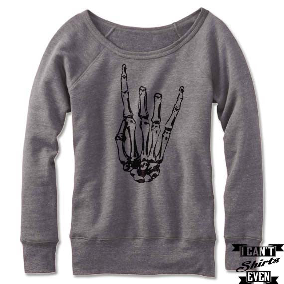 Skeleton Rock Hand Off The Shoulder Halloween Sweatshirt. Wide Neck. Rock 'n' Roll
