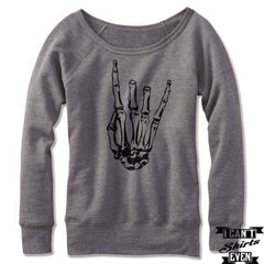 Skeleton Rock Hand Off The Shoulder Halloween Sweatshirt. Wide Neck. Rock 'n' Roll