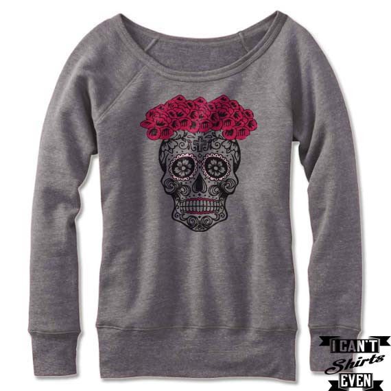 Sugar Skull Bride Off The Shoulder Halloween Sweatshirt. Wide Neck. Skeleton Bride.