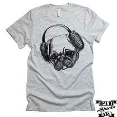 Pug in Ear Muffs T-shirt. Pug Tee. Pugged Shirt. Pet Lover Unisex Shirt. Animal Shirt. Adopt A Pet