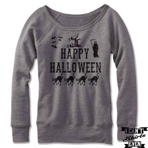 Happy Halloween Off The Shoulder Halloween Sweatshirt Costume. Wide Neck