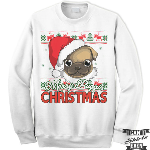 Merry Puggin Christmas Sweatshirt. Ugly Sweater. Pug Sweater. Unisex Fleece Shirt.Christmas Sweater.