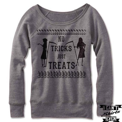 Wide Neck No Tricks Just Treats Off The Shoulder Sweatshirt. Spell Shirt