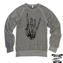 Skeleton Rock Hand Sweatshirt. Halloween Eco-Fleece Unisex Shirt. Rock 'n' Roll.