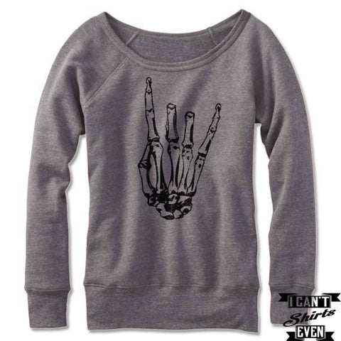 Skeleton Rock Hand Off The Shoulder Halloween Sweatshirt. Wide Neck. Rock 'n' Roll
