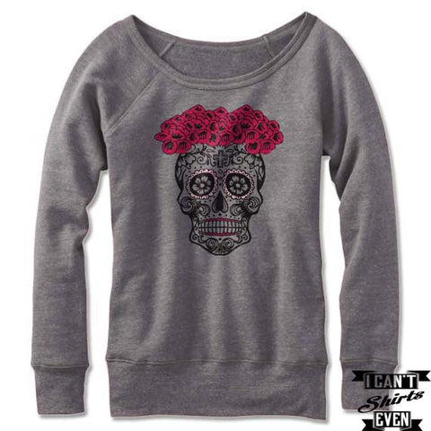 Sugar Skull Bride  Off The Shoulder Halloween Sweatshirt. Wide Neck. Skeleton Bride.