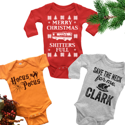 Set of Three Baby Bodysuits. Halloween. Thanksgiving. Christmas.