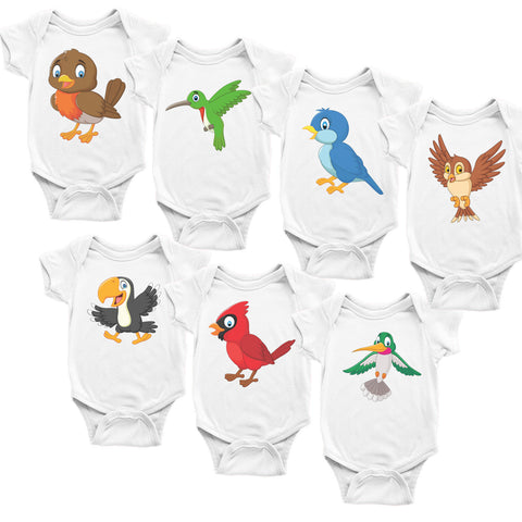 Birds. Set of 7 Baby Bodysuits. Baby Shower Gift Set.