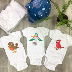 Birds. Set of 7 Baby Bodysuits. Baby Shower Gift Set.