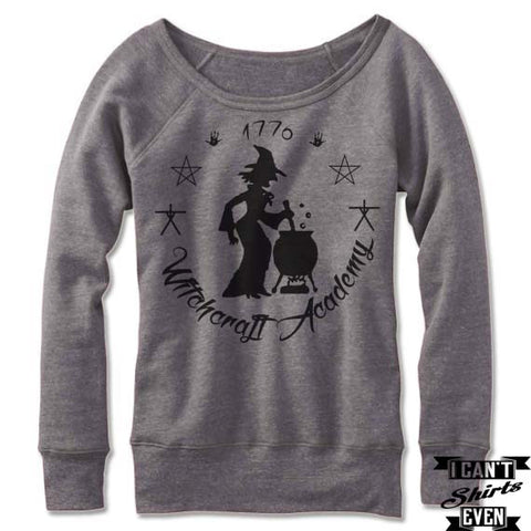 Halloween Witchcraft Academy Off The Shoulder Sweatshirt. Wide Neck. Spell Shirt